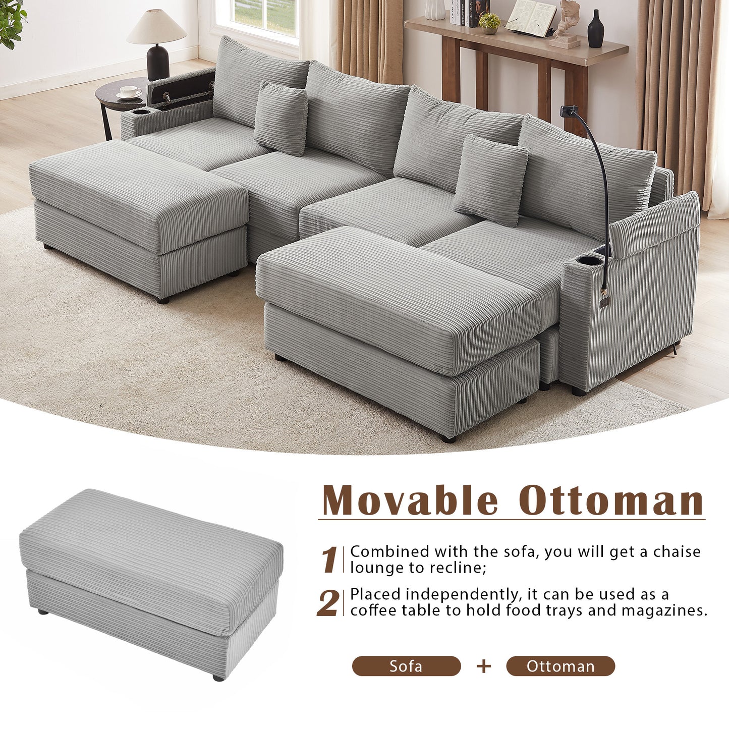 123.2" Modern Style 4-seater Sofa Sectional Sofa Couch with Storage Space, Two Movable Ottomans, Two USB Ports, Two Cup Holders, A Phone Holder for Living Room, Grey