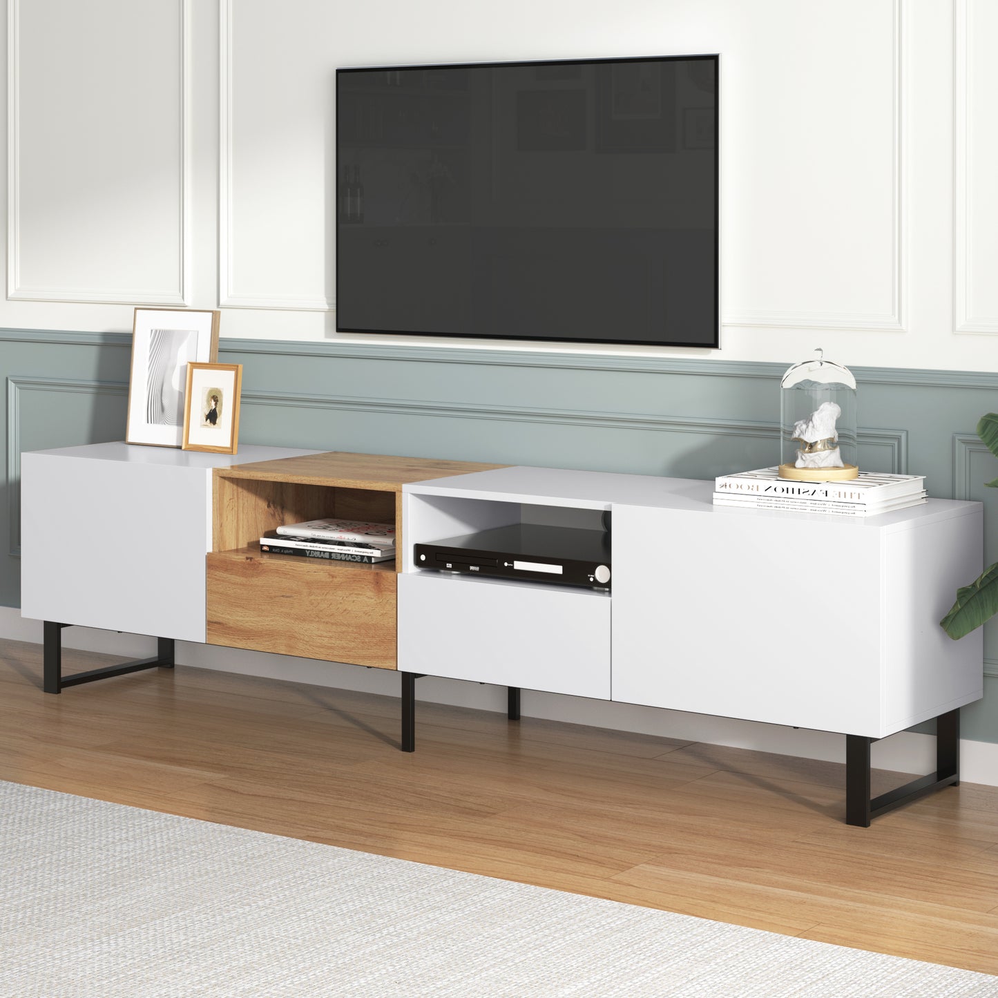 Modern TV Stand with 2 Cabinets& Open Storage Compartment, Color-matching Media Console Table for TVs up to 85'', Entertainment Center with Drop Down Door for Living Room, Bedroom, Home Theatre