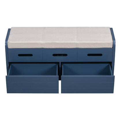 TREXM Rustic Storage Bench with 2 Drawers, Hidden Storage Space, and 3 False Drawers at the Top, Shoe Bench for Living Room, Entryway (Navy)