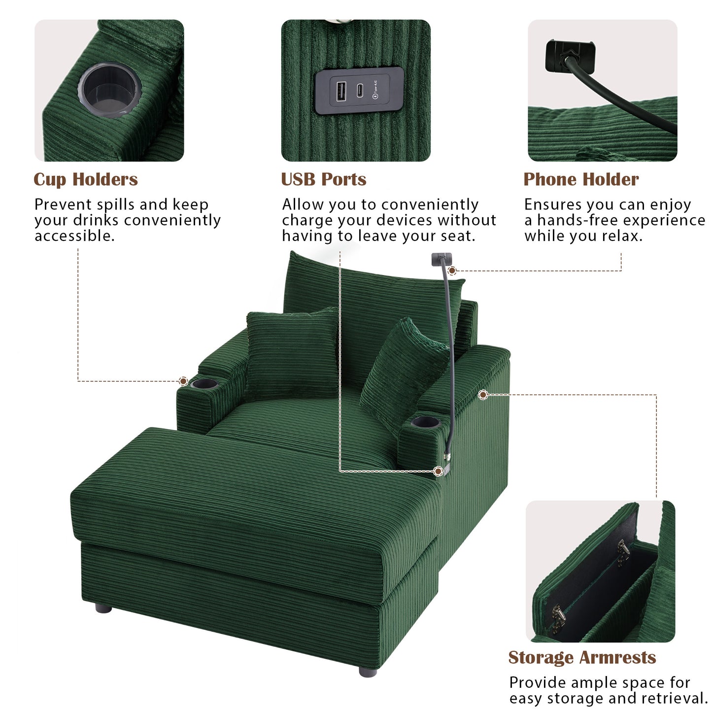 41.7" Modern Style Single Sofa Sofa Couch with Storage Space, A Movable Ottoman, Two USB Ports, Two Cup Holders, A Phone Holder for Living Room, Green