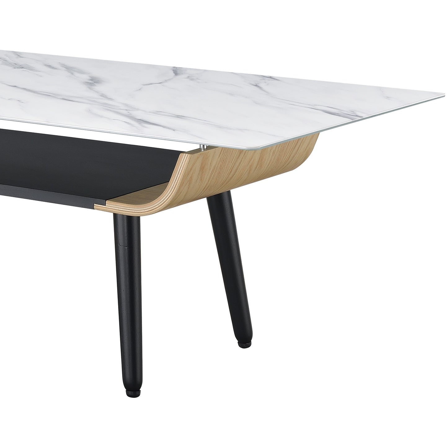 Landon 47" Coffee Table with Glass White Marble Texture Top and Bent Wood Design