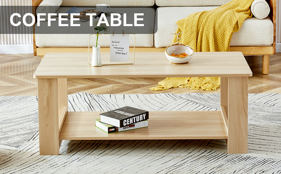 A modern and practical log colored textured coffee table,tea table. The double-layer coffee table is made of MDF material. Suitable for living room 43.3"*21.6"*16.5"