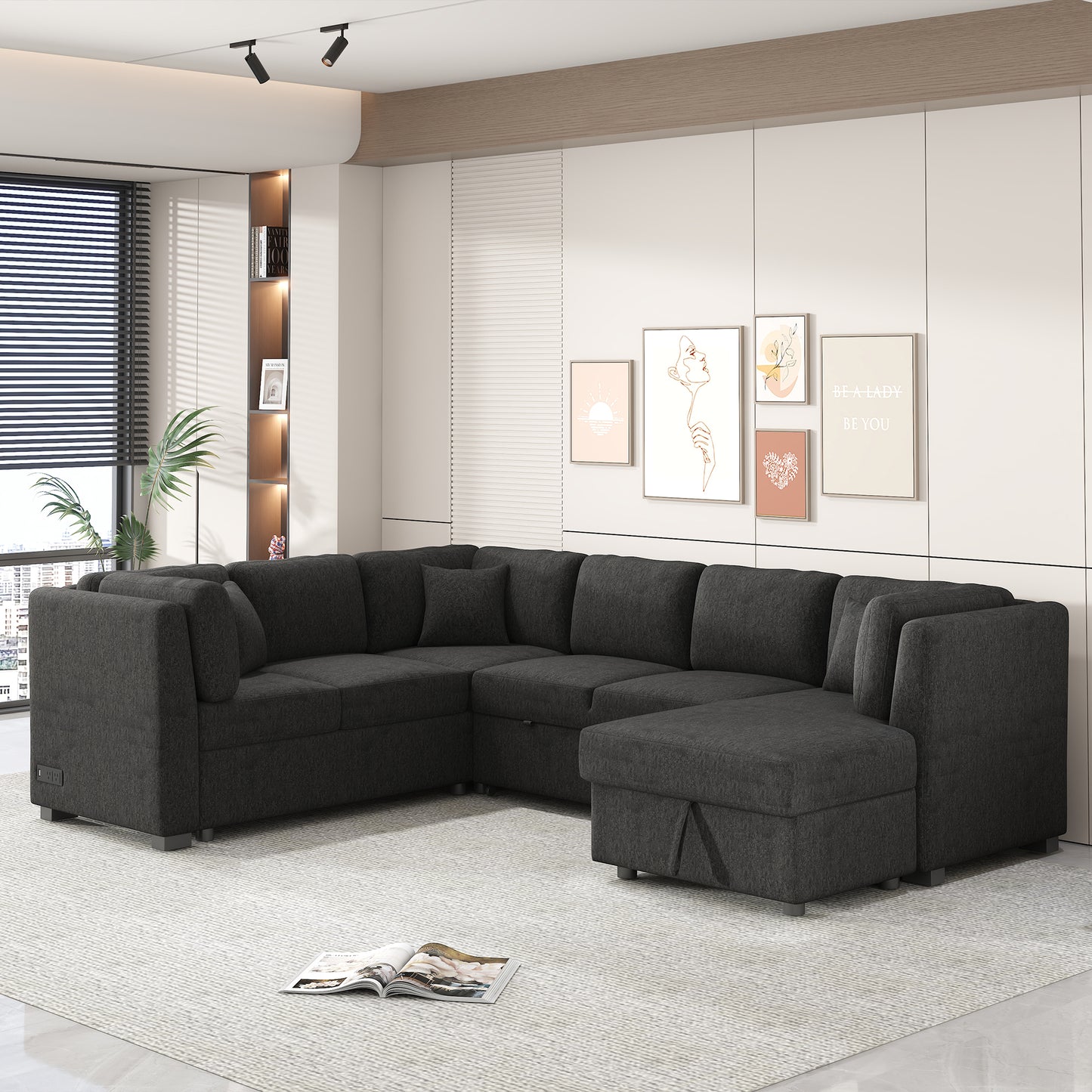 108.6" U-shaped Sectional Sofa Pull out Sofa Bed with Two USB Ports, Two Power Sockets, Three Back Pillows and a Storage Chaise for Living Room, Black