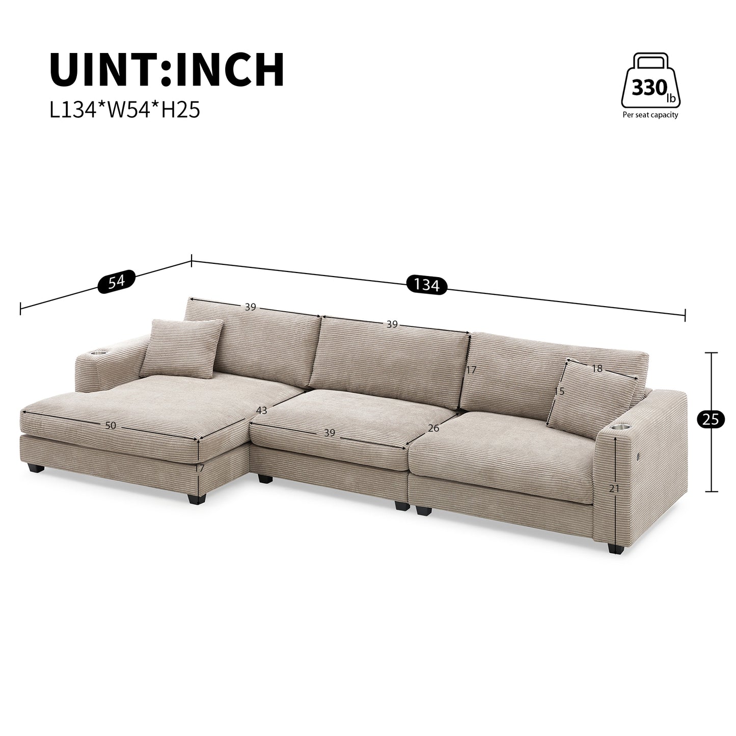 [VIDEO+NEW]134*54" Oversized Corduroy Sectional Sofa,L Shaped Cloud Couch with USB Charging Port,Cup Holder,Deep and Wide Seat Sofa with 50" Chaise,Comfy Indoor Furniture for Living Room,3 Colors