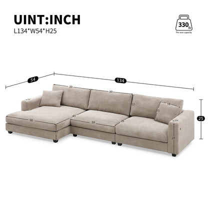 [VIDEO+NEW]134*54" Oversized Corduroy Sectional Sofa,L Shaped Cloud Couch with USB Charging Port,Cup Holder,Deep and Wide Seat Sofa with 50" Chaise,Comfy Indoor Furniture for Living Room,3 Colors