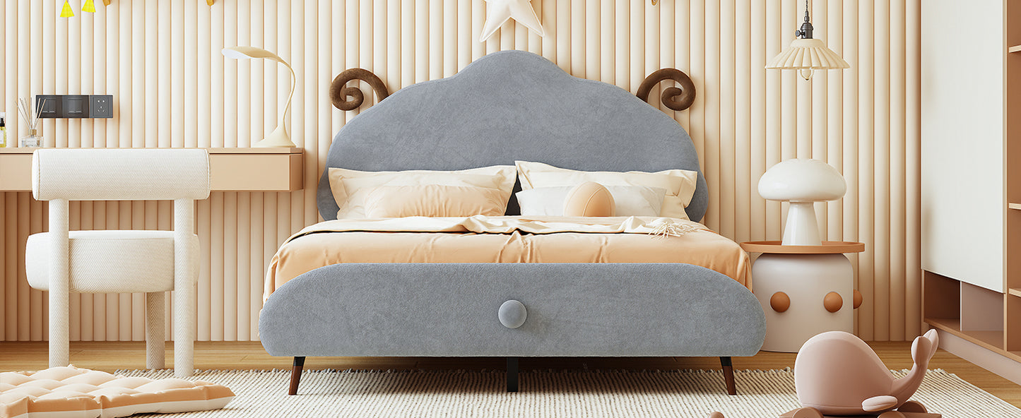 Full Size Upholstered Platform Bed with Sheep-Shaped Headboard, Gray