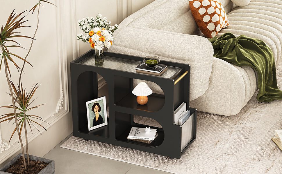 ON-TREND Mobile End Table with Lockable Wheels, Narrow Coffee Table with 5mm Thick Fluted Tempered Glass, Modern Nightstand with Golden Round Rod, Living Room, Black, 31.5''W x11.8''D x 23.1''H