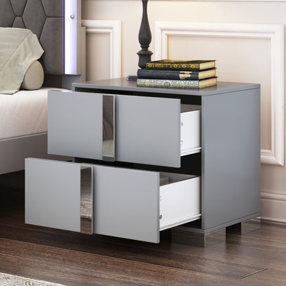 Elegant Nightstand with Metal Handle,Mirrored Bedside Table with 2 Drawers for Bedroom,Living Room,Grey