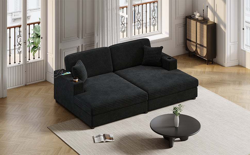 86.5" Oversized Loveseat Chaise Lounge Sectional Sofa Bed Corduroy Sleeper Sofa with Two USB Ports , Two Cup Holders and Two Throw Pillows for Living Room and Bedroom, Black