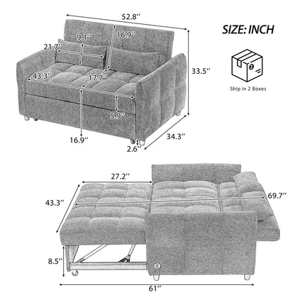 52.8" Loveseat Sofa Pull-out Sofa Bed Tufted Sleeper Sofa with an Adjustable Backrest, Three USB Ports and Two Lumbar Pillows for Living Room, Grey