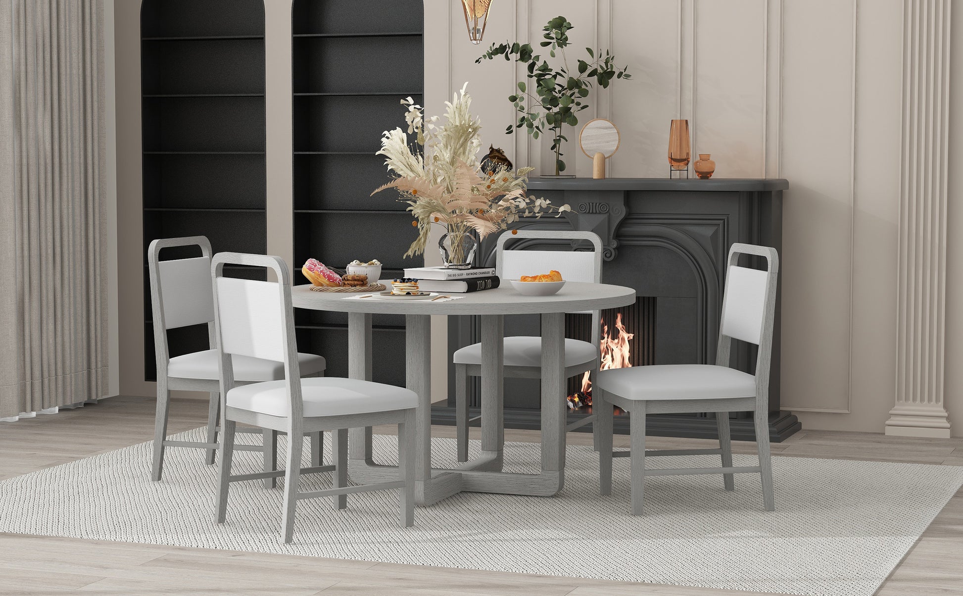 TREXM 5-Piece Retro Dining Set, Round Table Top with Radial Wood Grain Design and 4 Upholstered Chairs for Dining Room and Kitchen (Antique Gray)