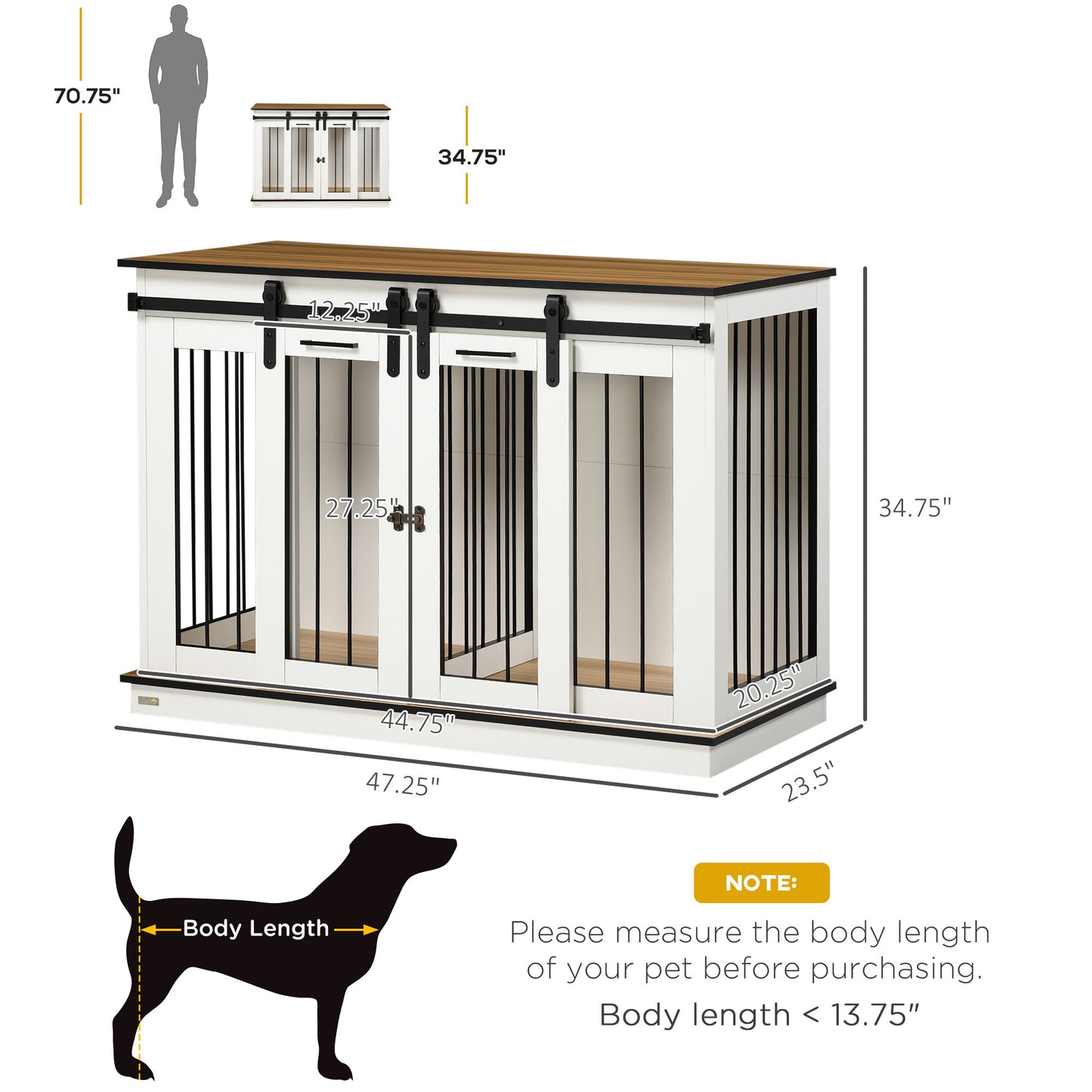 PawHut Dog Crate Furniture with Divider, Dog Crate End Table for Small to Large Dogs, Large Indoor Dog Kennel with Double Doors, 47"W x 23.5"D x 35"H, White