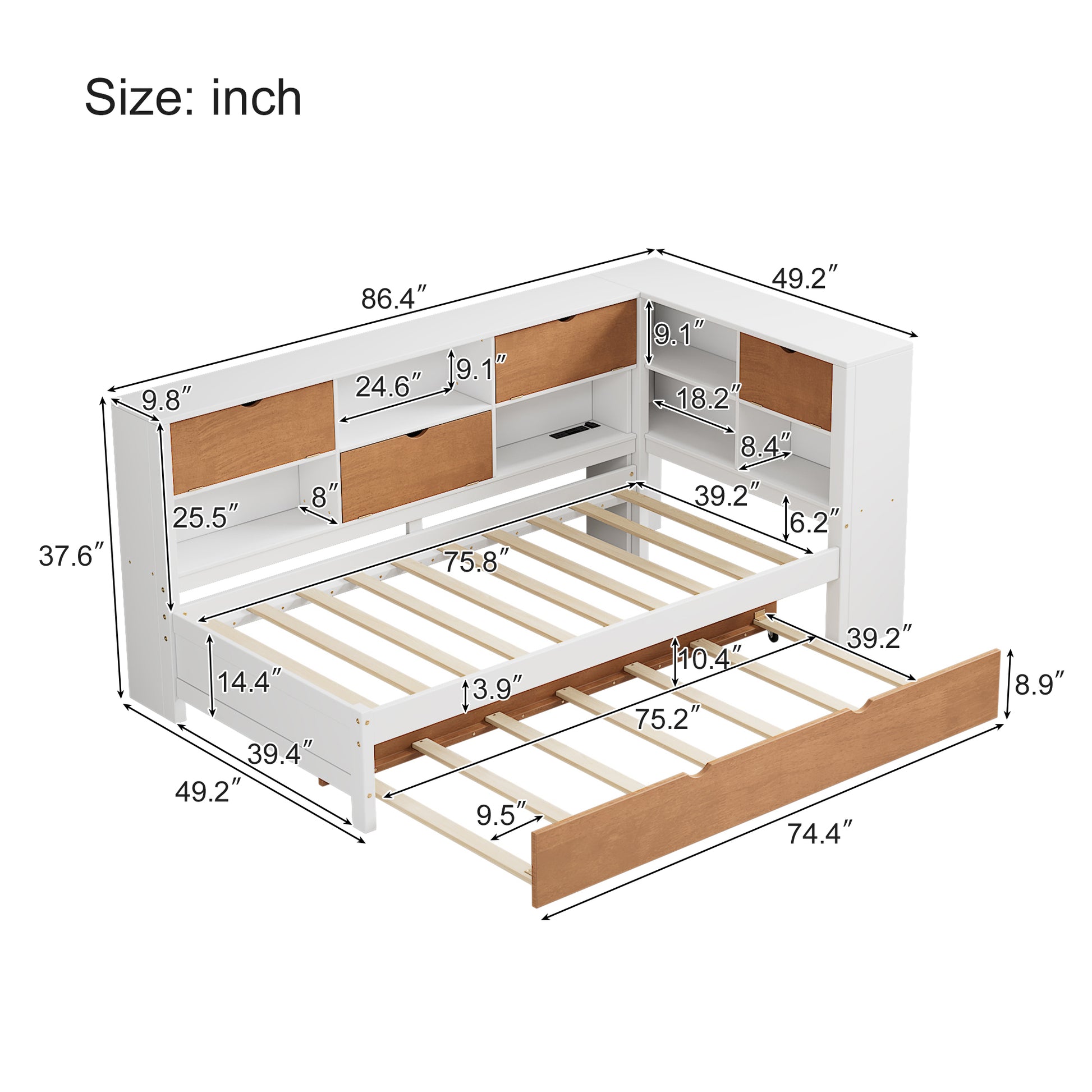 L-Shaped Bed Frame with Trundle and and Bookcase,Corner Bed Wooden Captain Bed with Led Downlight and USB Port for Small Room,Bedroom, Guest Room, Twin Size, Walnut and White