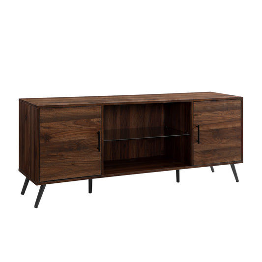 Mid-Century Modern 2-Door 60" TV Stand for 65" TVs with Glass Shelf - Dark Walnut