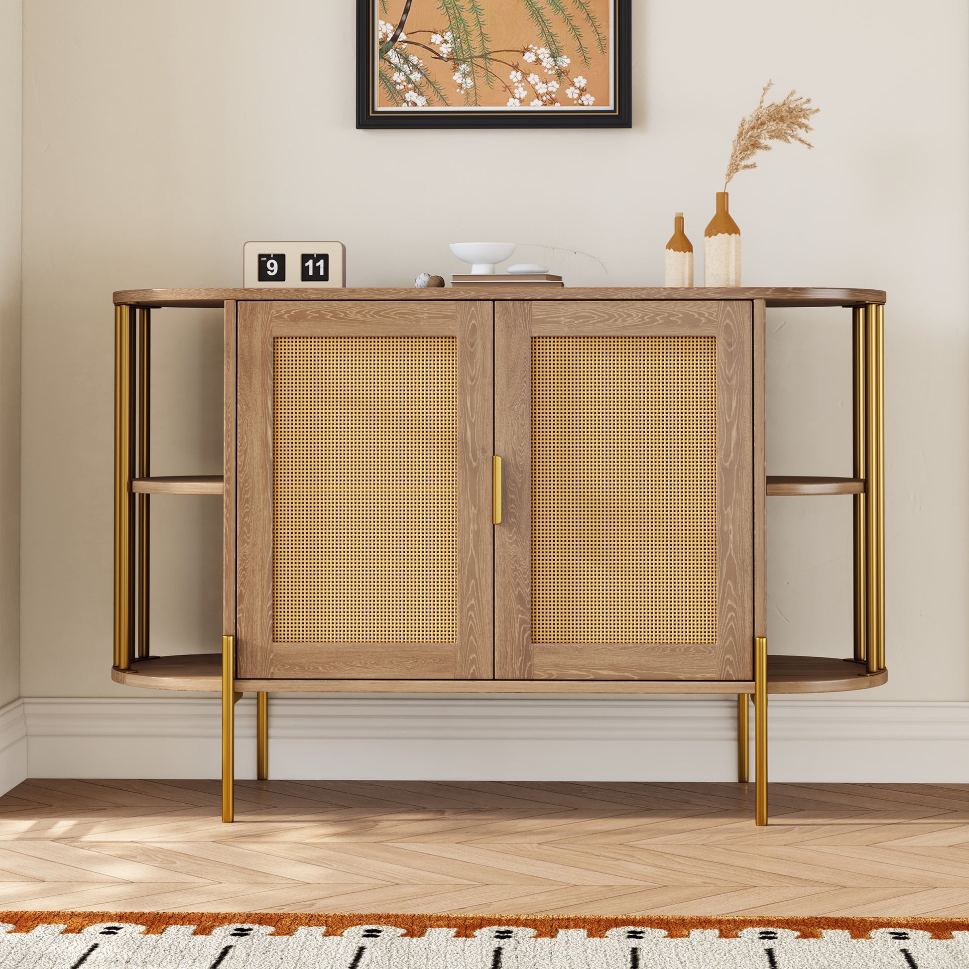 TREXM 2-Door Elegant Curved Dining Cabinet with Gold Trim and Woven Rattan Doors for Dining Room (Natural)