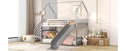 Twin over Twin Metal Bunk Bed House Bed with Slide and Staircase, Silver