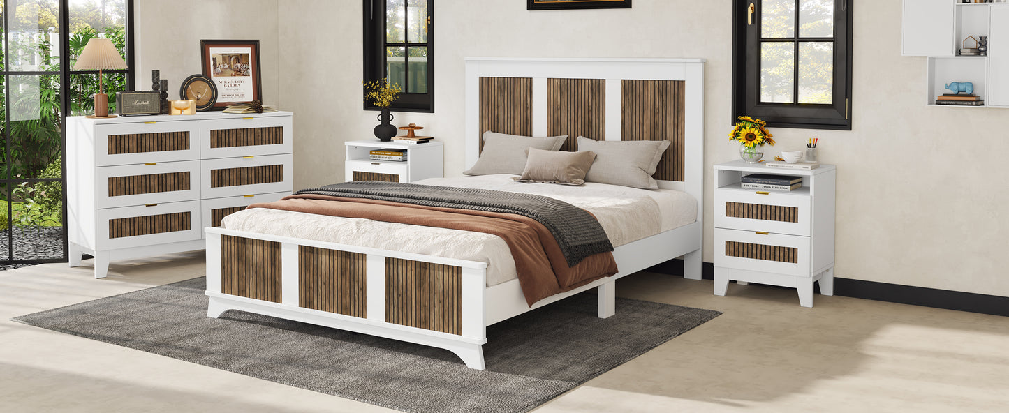 Farmhouse Wooden Platform Queen Size Bed, Modern Platform Bed with Wooden Strip Decoration, Plywood Slats Support, White