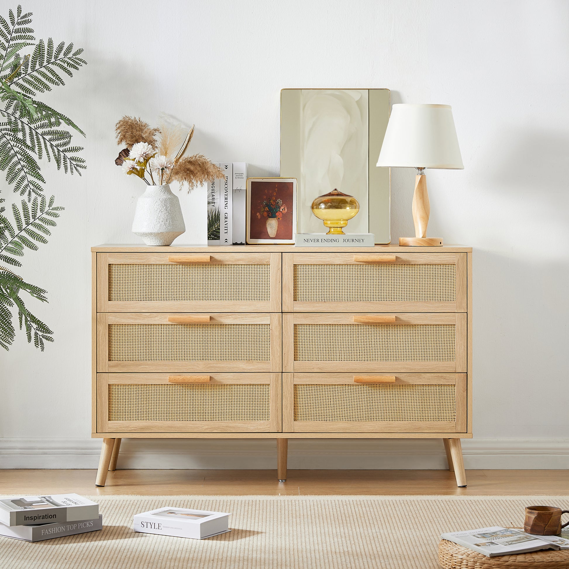 Bedroom dresser, 6 Double Dresser with rattan drawers, wood chest of drawers for kids room, living room, entry and hallway, Natural, 47.2'' W x 15.8'' D x 30'' H.