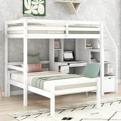 Twin Size Loft Bed with a Stand-alone Bed, Storage Staircase, Desk, Shelves and Drawers, White