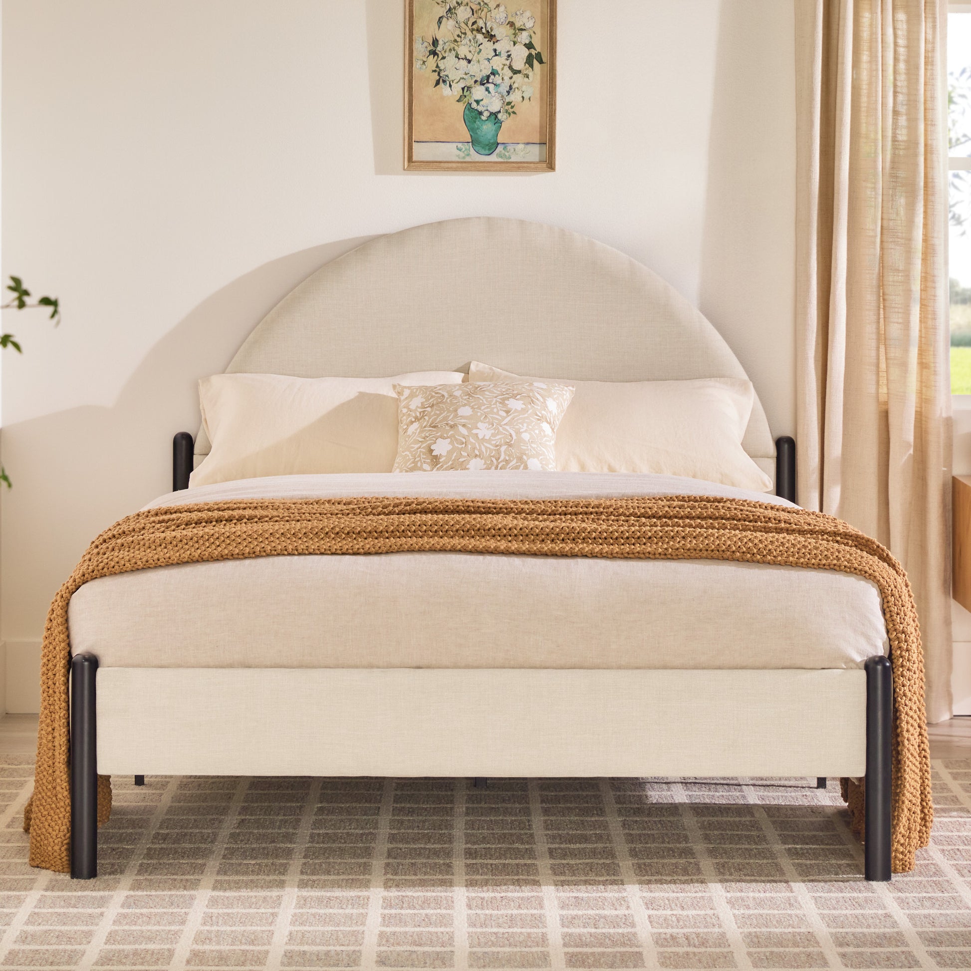 Modern Upholstered Curved Headboard Queen Bedframe – Oatmeal