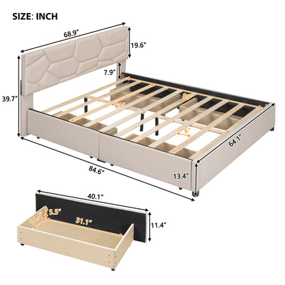 Queen Size Upholstered Platform Bed with Brick Pattern Headboard and 4 Drawers, Linen Fabric, Beige