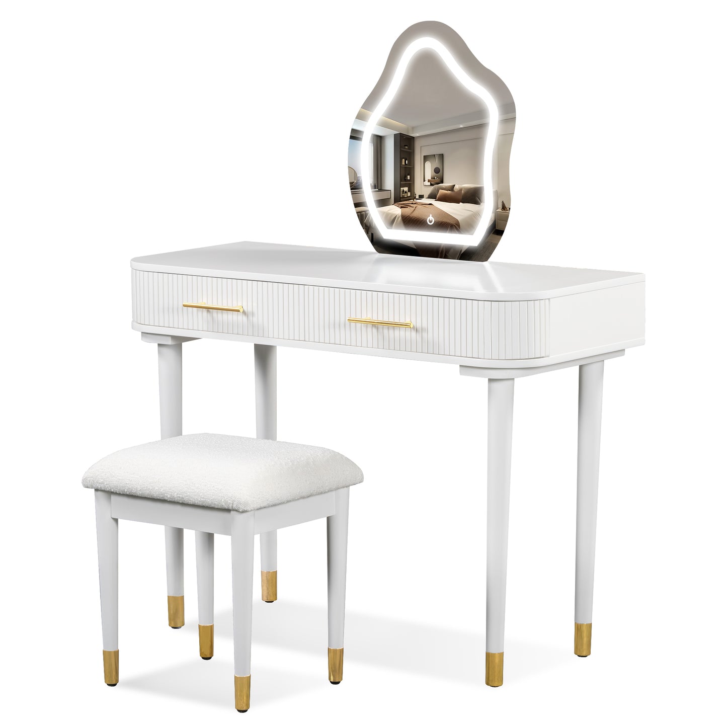 40" Modern Vanity Table Set with Mirror Touch Screen Lighted Mirror, Dressing Table and Cushioned Stool Set with 2 Large Drawers, White