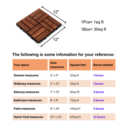 Acacia Wood Interlocking Deck Tiles Checker Pattern, 30 PCS  12" x 12" Square Acacia Hardwood Outdoor Flooring for Patio, Bancony, Pool Side,...