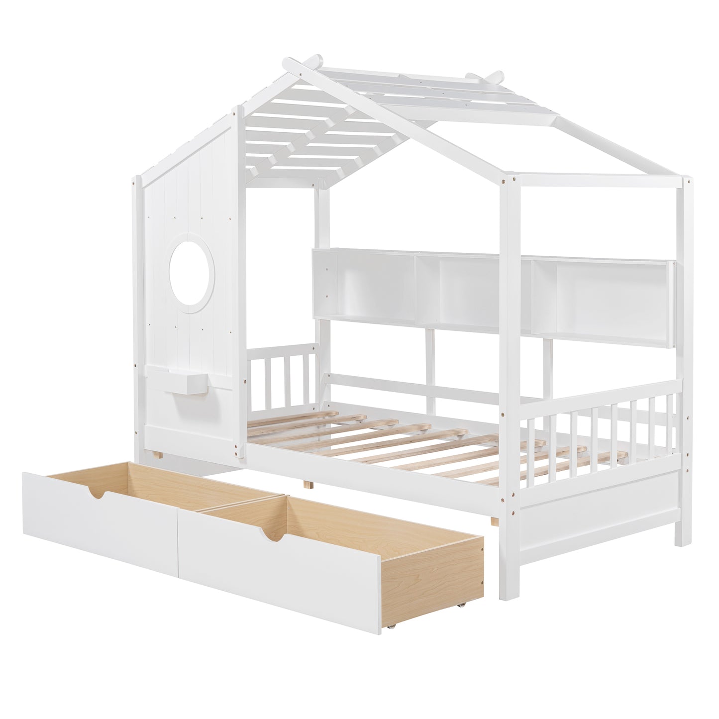 Wooden Twin Size House Bed with 2 Drawers,Kids Bed with Storage Shelf, White