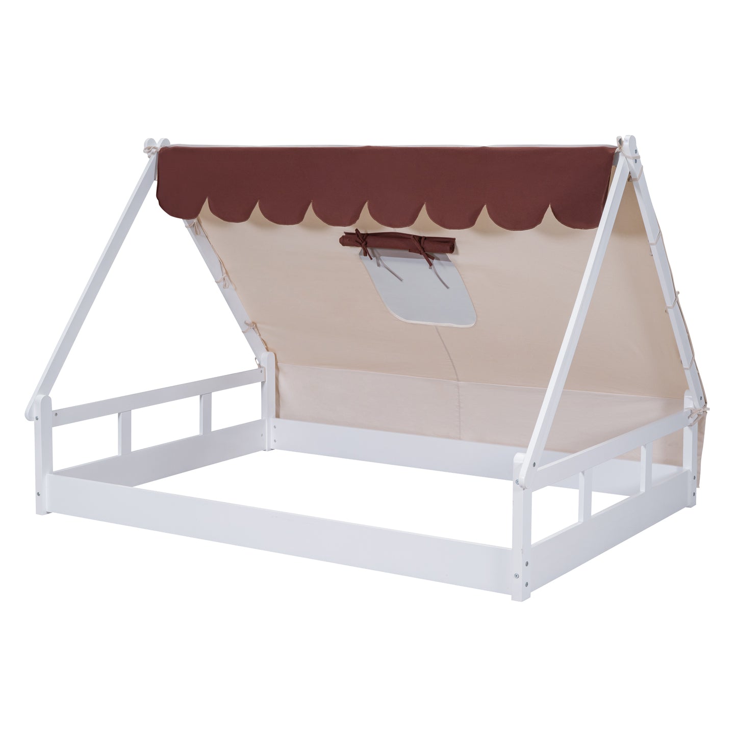 Wooden Full Size Tent Bed with Fabric for Kids,Platform Bed with Fence and Roof, White+Brown