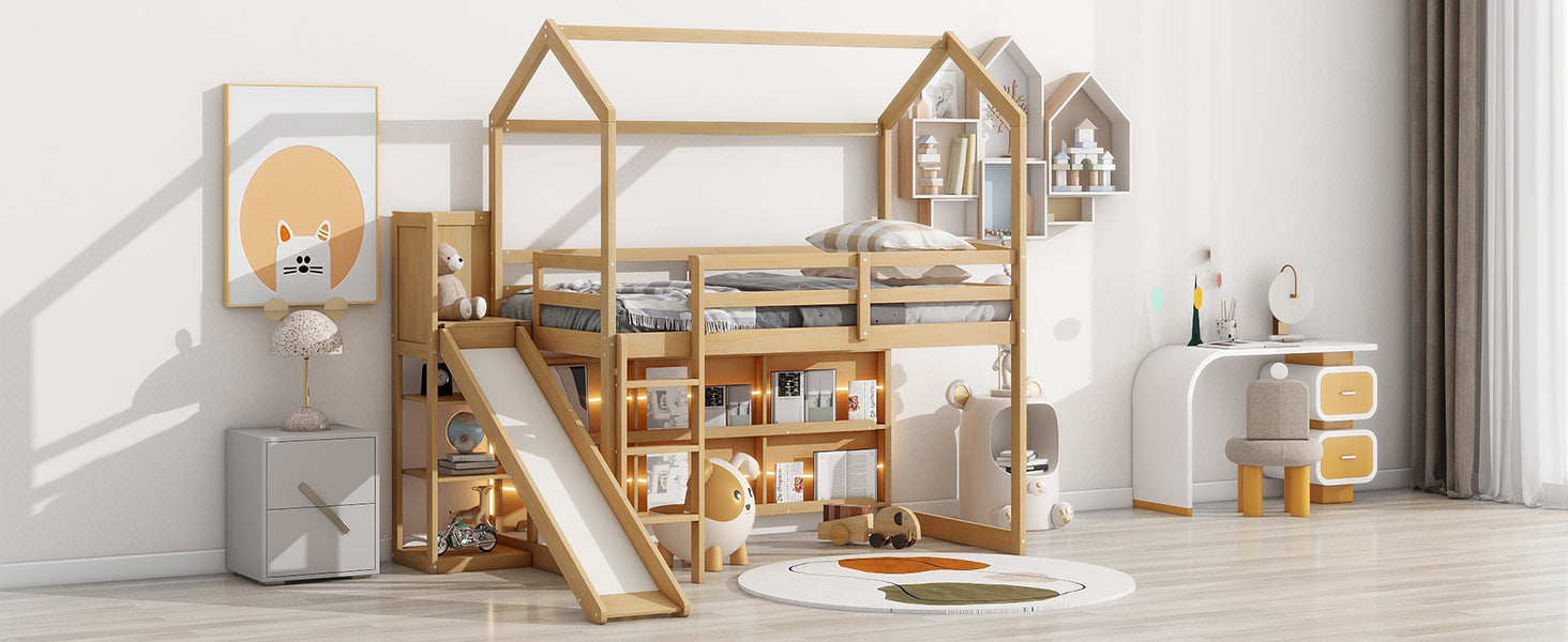 Twin Size Wood House Loft bed with Slide, Storage shelves and Light, Climbing Ramp, Wood Color