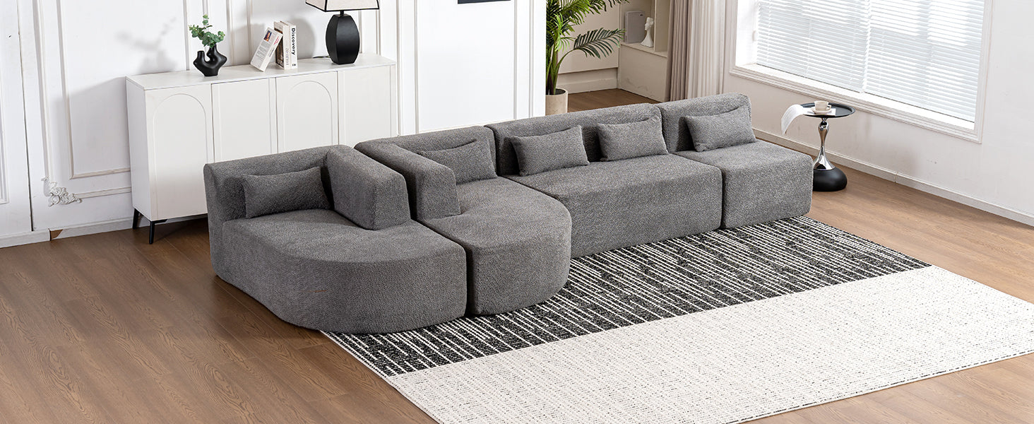 143.7" Upholstered Sofa Free-combined Sofa Couch with Two Chaise Lounge and Five Back Pillows for Living Room, Light Gray