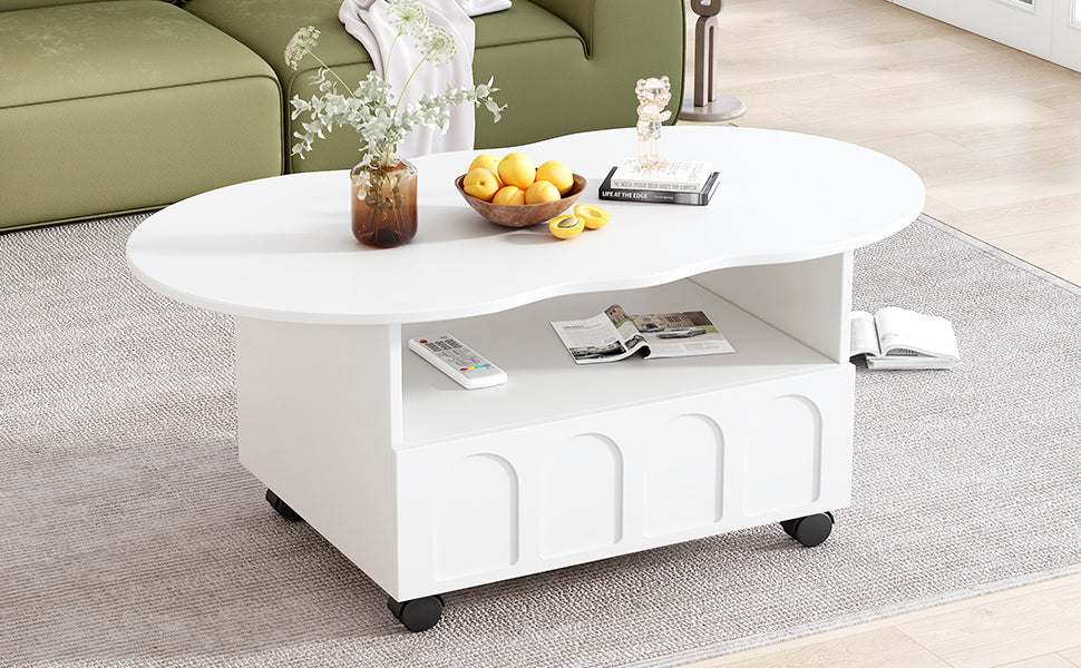 ON-TREND Flexible Cream Style Coffee Table with 2 Brake Wheels, Cloud Top Side Table with Drawer, Irregular Center Table with Large Storage for Living Room, White, 39.37''x 23.6''