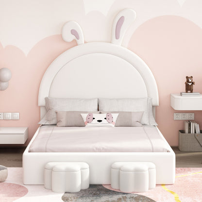 Full size Upholstered Rabbit-Shape Bed with 2 Storage Stools, Velvet Platform Bed with Cartoon Ears Shaped Headboard, White