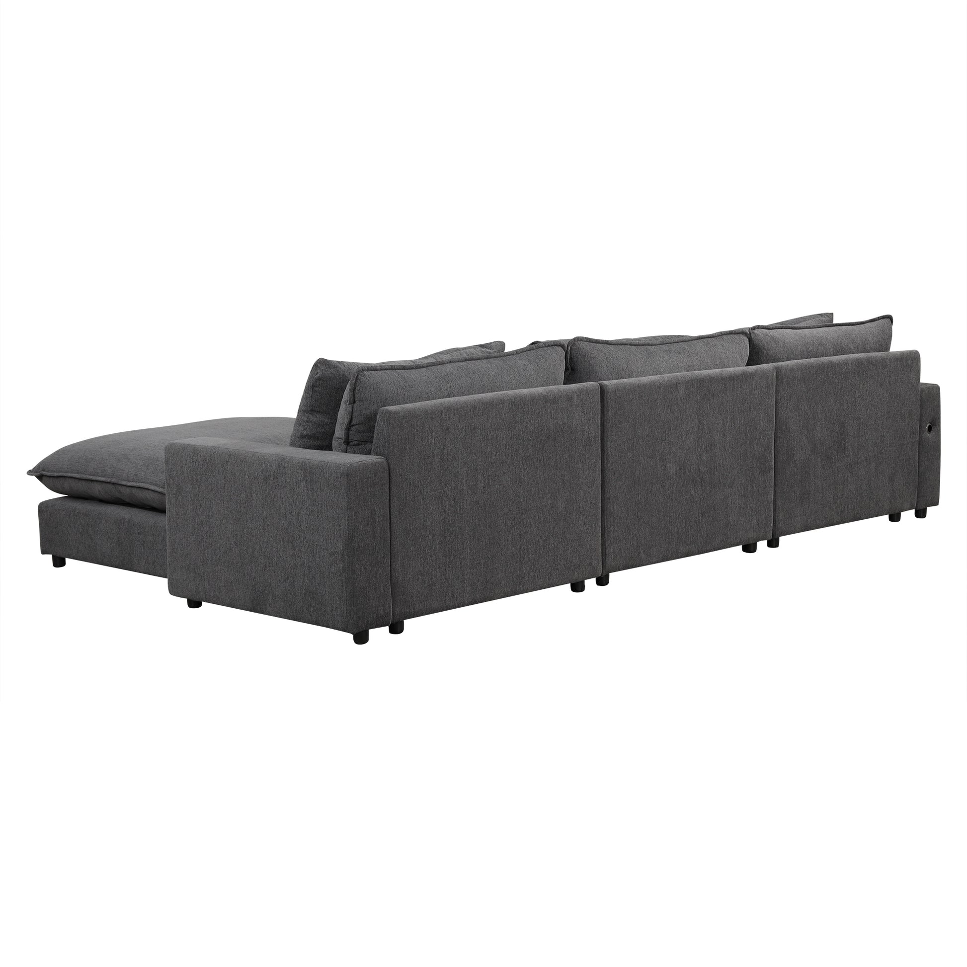 128" Sectional Sofa Cloud Sofa Chenille Upholstered Sofa  Couch with Movable Ottoman, Comfortable Seat Cushions, Charging Ports and Three Back Pillows for Living Room, Grey