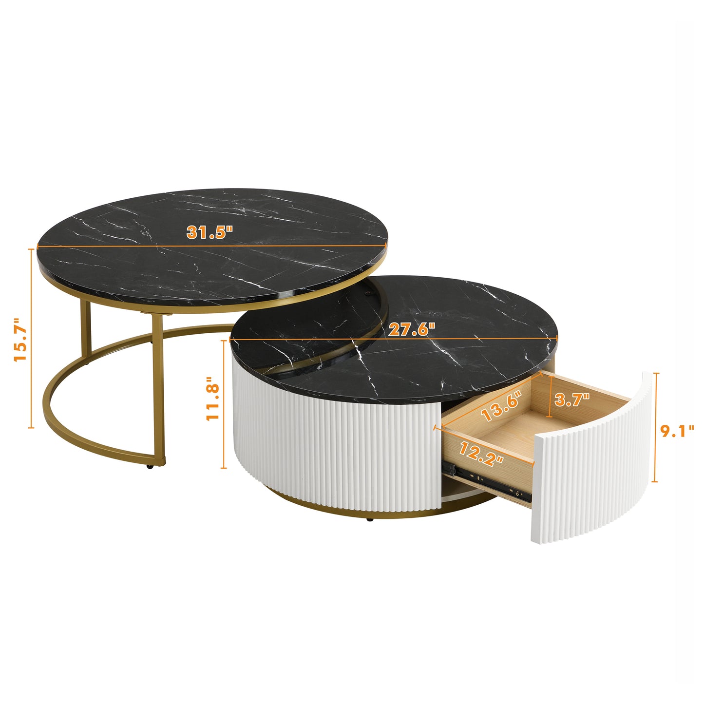 Modern Round Nesting Coffee Table Fluted with Drawer in Black & Gold in 31.5''