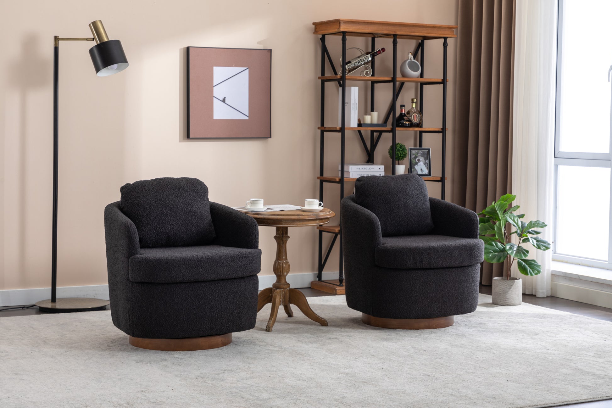 035-Boucle Fabric Swivel Accent Chair With Soild Wood Round Brown Base Leg,Black