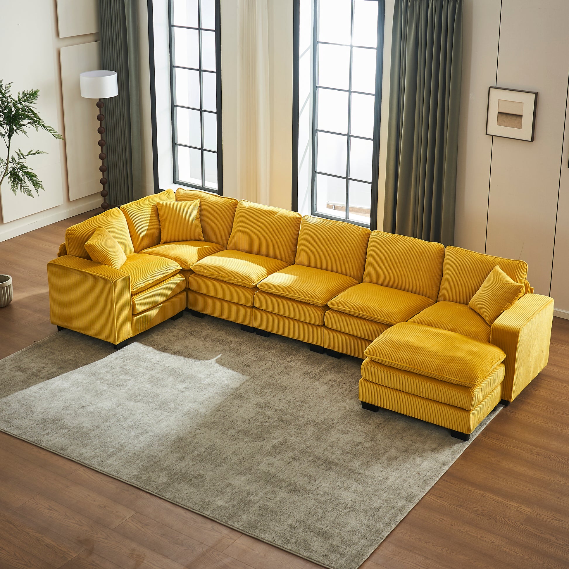 Modern U Shaped 6-seat Sectional Sofa Couch with one Ottoman and three toss pillows ,Modular Sofa for Living Room,Corduroy sofa