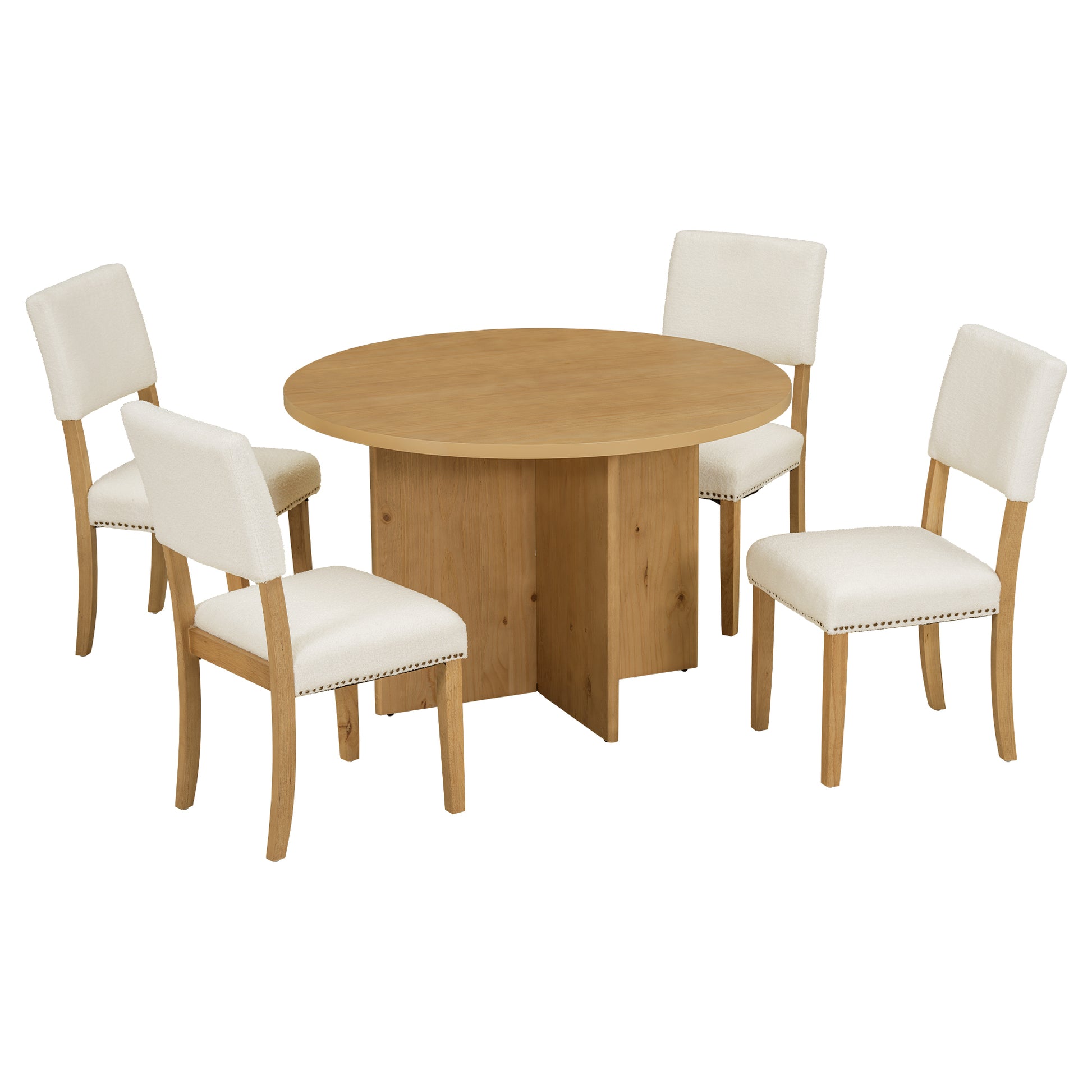 TOPMAX Modern 5-Piece Round Dining Table Set Pedestal Kitchen Table Set with 4 Upholstered Dining Chairs for Studio, Apartment, Small Places, Natural