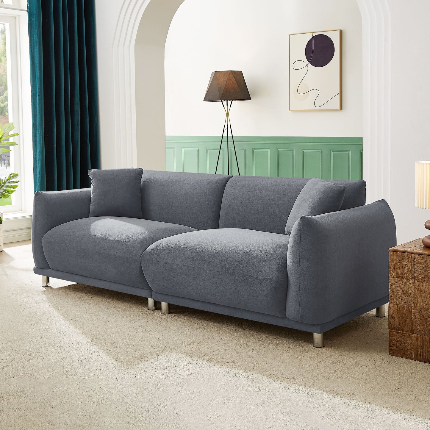 88.58" Sofa, Comfy Sofa Couch with Extra Deep Seats, Modern Sofa Bread-Like Sofa with 2 Pillows and Metal Feet with Anti-Skid Pads, DARK GREY.