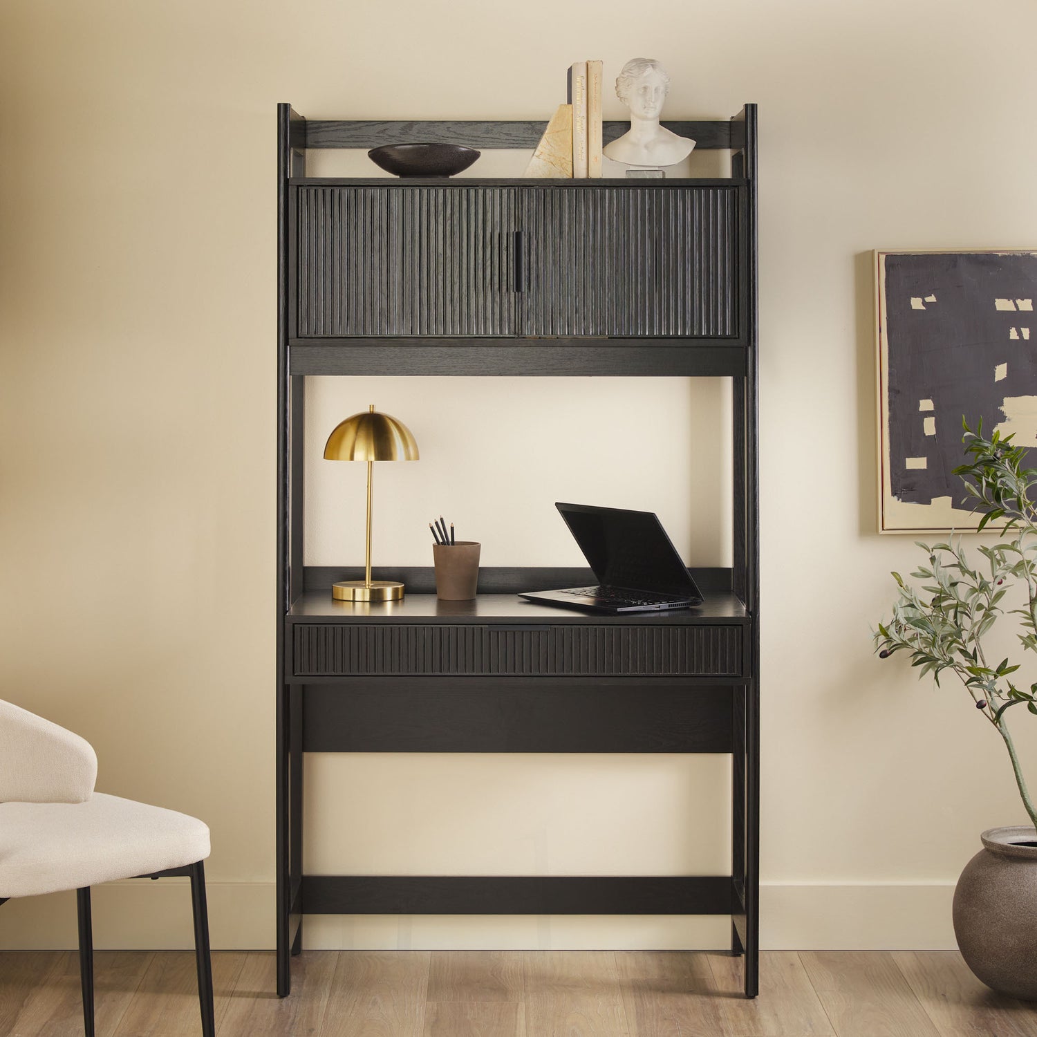 Transitional Reeded Desk with Hutch and Drawers Plus Tech Management - Black