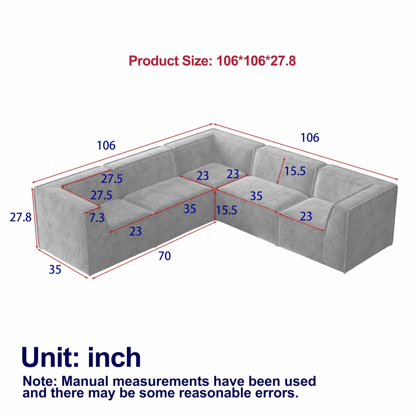 106*106" Chenille Modular L Shaped Sectional Sofa,Luxury Floor Couch Set,Upholstered Indoor Furniture,Foam-Filled Compressed Sofa for Living Room,Bedroom,5 PC Free Combination