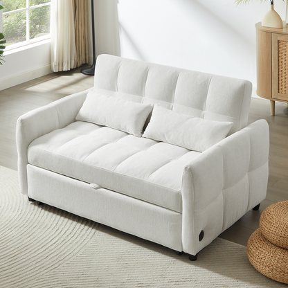 52.8" Loveseat Sofa Pull-out Sofa Bed Tufted Sleeper Sofa with an Adjustable Backrest, Three USB Ports and Two Lumbar Pillows for Living Room, Beige