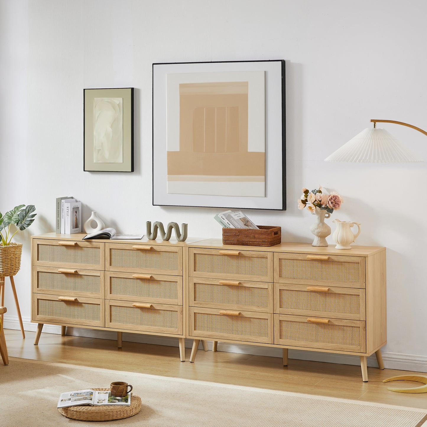 Bedroom dresser, 6 Double Dresser with rattan drawers, wood chest of drawers for kids room, living room, entry and hallway, Natural, 47.2'' W x 15.8'' D x 30'' H.