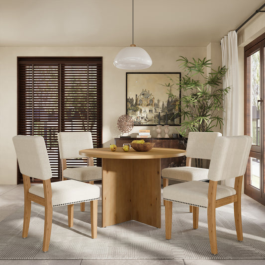 TOPMAX Modern 5-Piece Round Dining Table Set Pedestal Kitchen Table Set with 4 Upholstered Dining Chairs for Studio, Apartment, Small Places, Natural