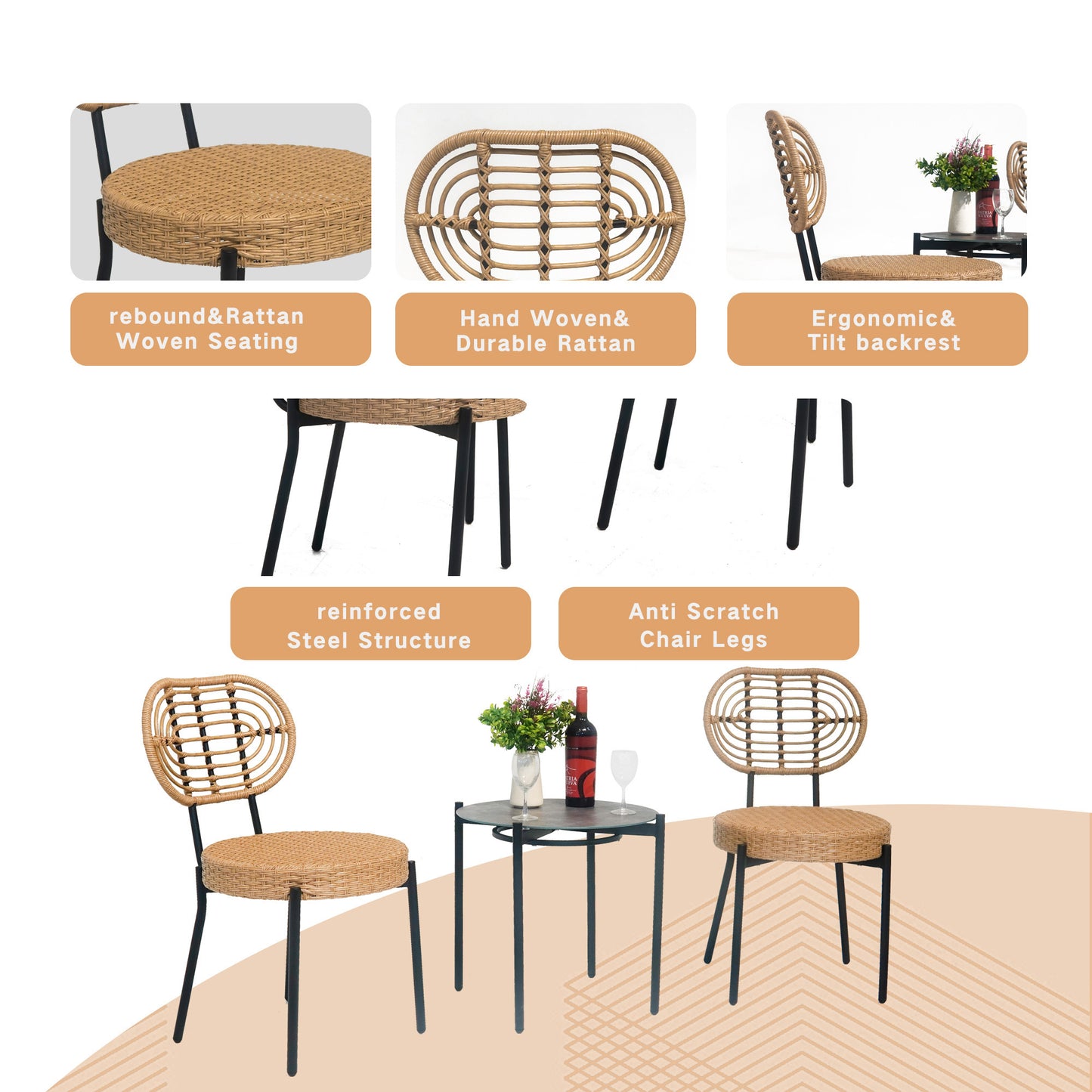 3 Pieces Of Luxury Outdoor Wicker Furniture - Patio Bistro Style Table And Chair Combination,Weather-resistant PE Wicker Weave, Stainless Steel Fame, Suitable For Garden, Terrace,Backyard Casua