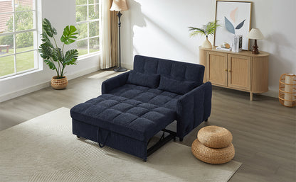 52.8" Loveseat Sofa Pull-out Sofa Bed Tufted Sleeper Sofa with an Adjustable Backrest, Three USB Ports and Two Lumbar Pillows for Living Room, Blue