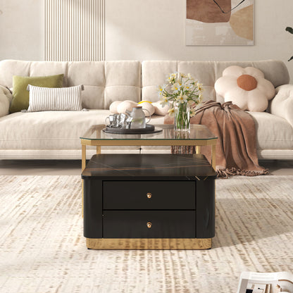 Modern 2 Pieces Black  Square Nesting  Coffee Table with Drawers & Electroplated gold legs in 27.6''