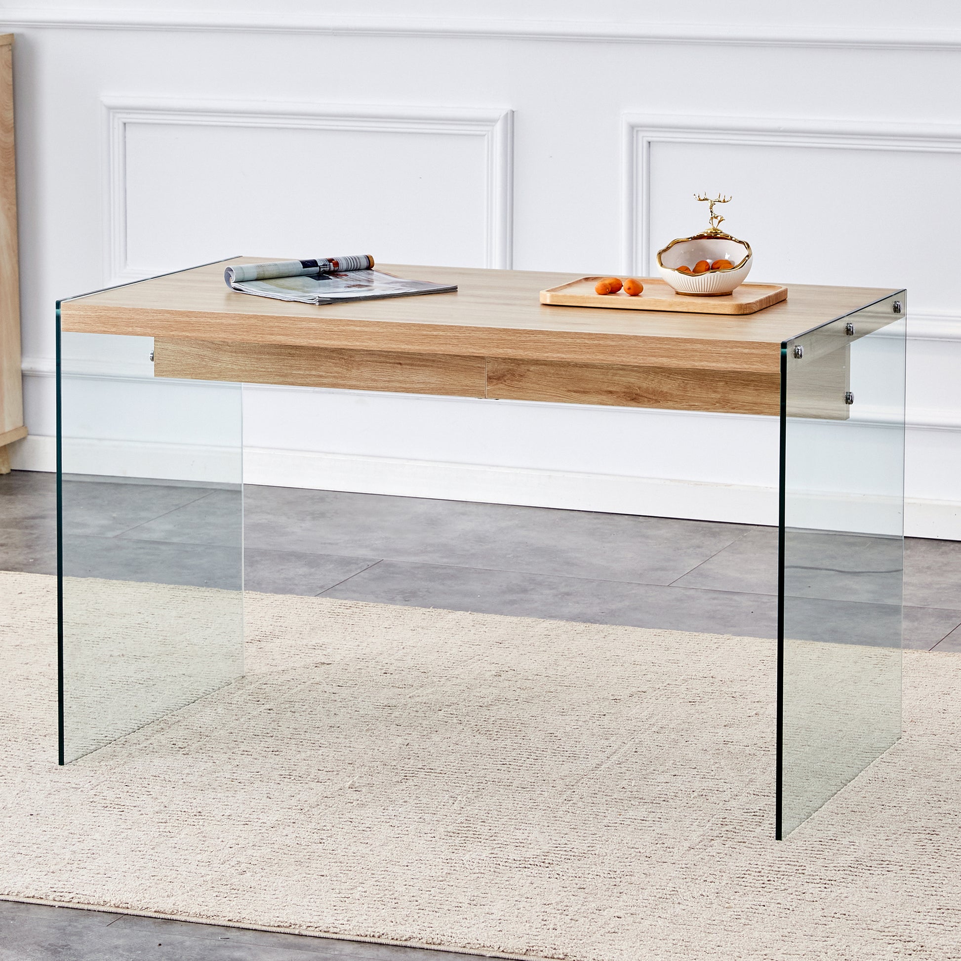 The top of the coffee table is made of medium density fiberboard and wooden stickers, with transparent tempered glass on both sides. The design is simple and elegant, with a sturdy structure.