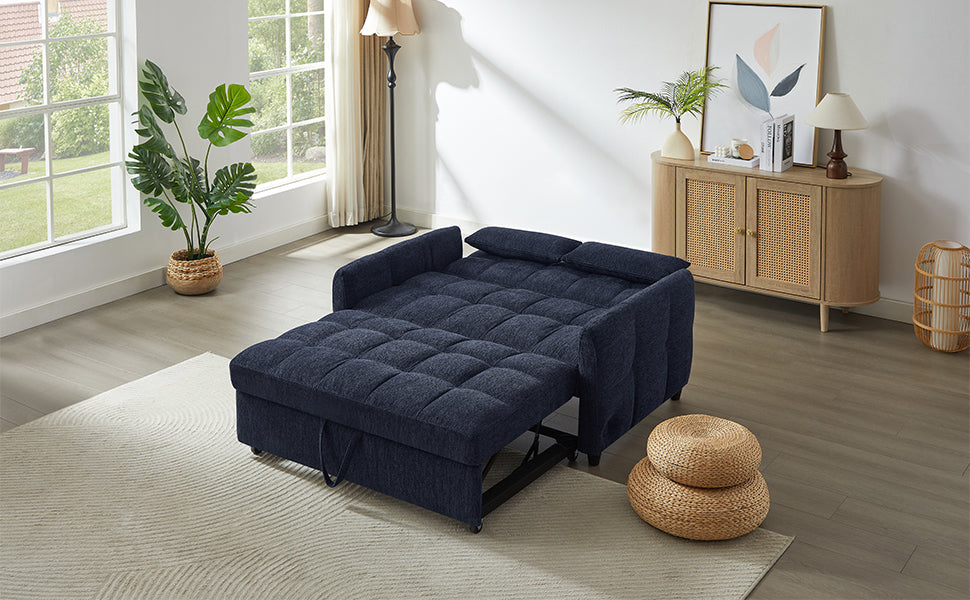 52.8" Loveseat Sofa Pull-out Sofa Bed Tufted Sleeper Sofa with an Adjustable Backrest, Three USB Ports and Two Lumbar Pillows for Living Room, Blue