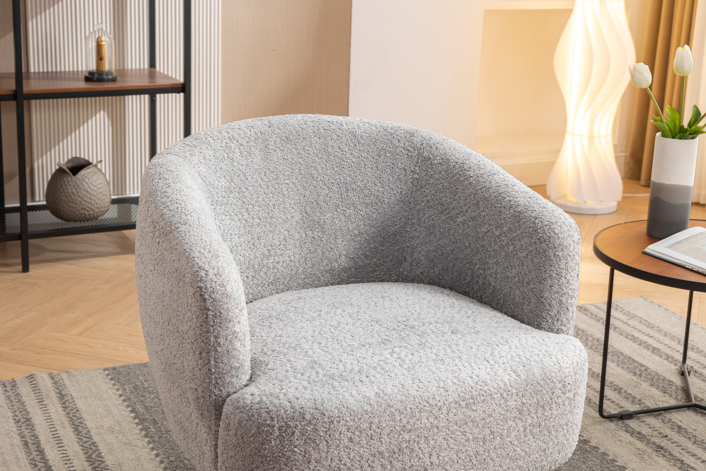 048-Chenille Fabric Accent Swivel Chair With Gold Metal Round Base,Light Gray